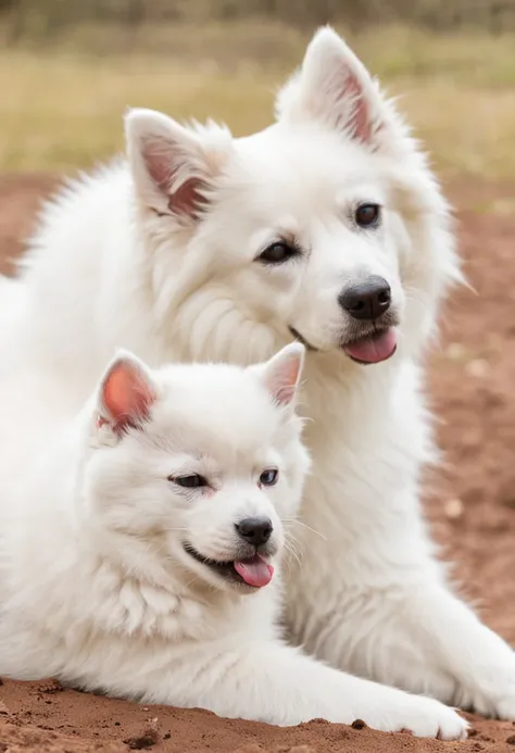 A photo of a Samoyed dog with its tongue out hugging a black Siamese cat