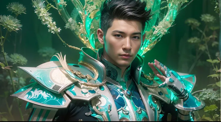 1boy, photo of very very handsome suave smiling young 25-year-old male Chinese prince, clothed in futuristic cybernetic armor, wearing a large futuristic crown, walking in an ethereal enchanted forest with neon glowing flowers and a rainbow in the sky, sci...