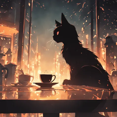 silhouette of a cat trowing a coffee cup off a table