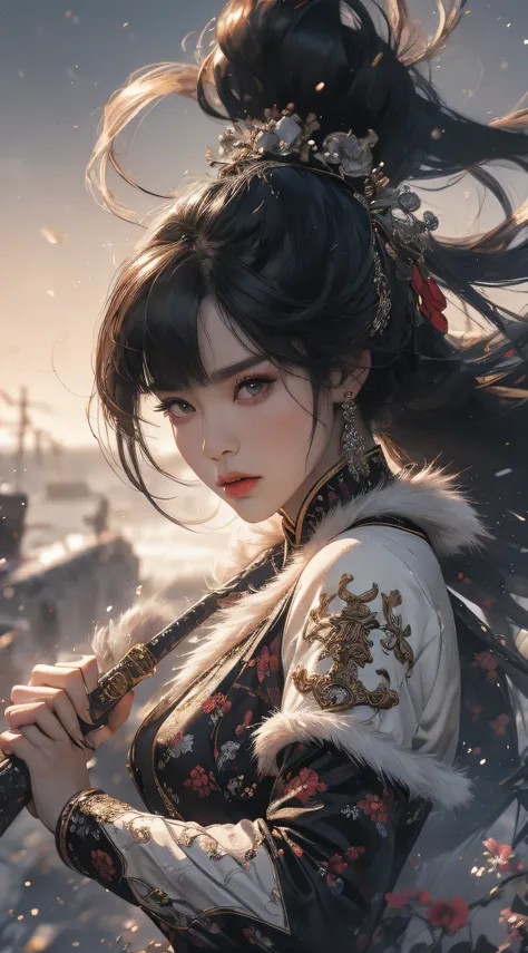 A woman holds a large knife，The knife is right in sight，Gorgeous fur collar thick Chinese dress，Angry expressions，Separate bangs，Raise an eyebrow，Ponytail hairstyle，flying stones，Surrounded by stones，fightingpose，dynamic blur，Detailed representation，8K