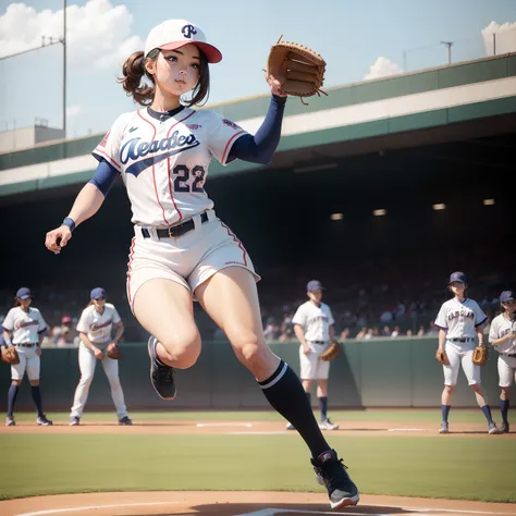 Cute female baseball player like an idol、Short uniform、full body Esbian