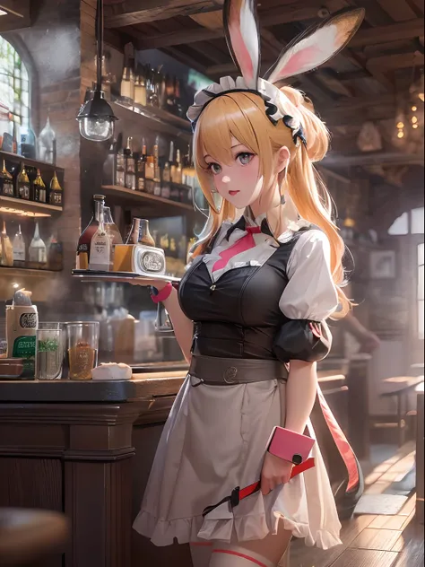 (masutepiece, High resolution, Photorealsitic:1.4), (Daughter of a beastman tribe working in a tavern wearing a maid outfit that emphasizes breasts often seen in sensual and statue-like figure games:1.3), Rabbit ears are sticking out of the head、Maid cloth...