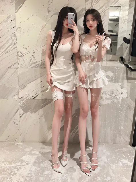 Two women in white dresses take selfies in the bathroom, wearing white clothes, trending at cgstation, pale milky white porcelain skin, #overclocking, # overclocking, 🤬 🤮 💕 🎀, All white, smooth white tight clothes suit, white silky outfit, wearing white cl...