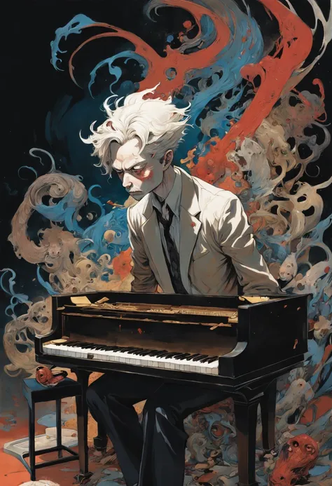 Un homme jouant du piano. In the style of Adrian Ghenie, Esao Andrews, Jenny Saville, Edward Hopper, surrealism, Dark Art par James Jean, Takato Yamamoto, Minimalisme inkpunk. Tim Burton.