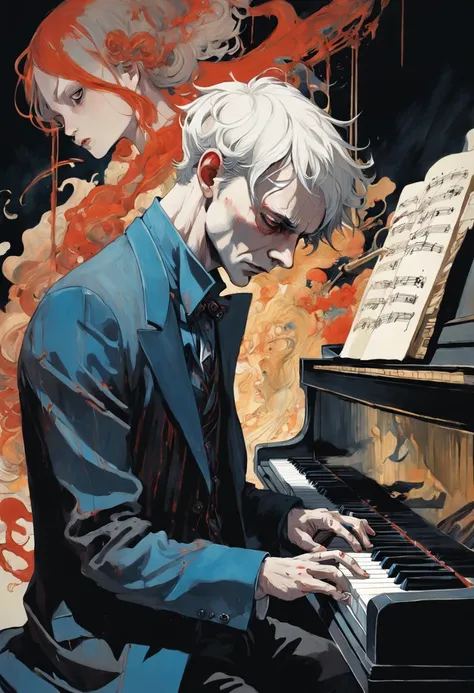 Un homme jouant du piano. In the style of Adrian Ghenie, Esao Andrews, Jenny Saville, Edward Hopper, surrealism, Dark Art par James Jean, Takato Yamamoto, Minimalisme inkpunk. Tim Burton.