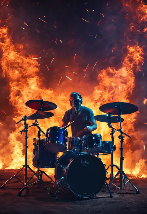 baterista tocando bateria com baquetas de fogo, apocalyptic background, ultra realista, 8k, colerful, altamente detalhado