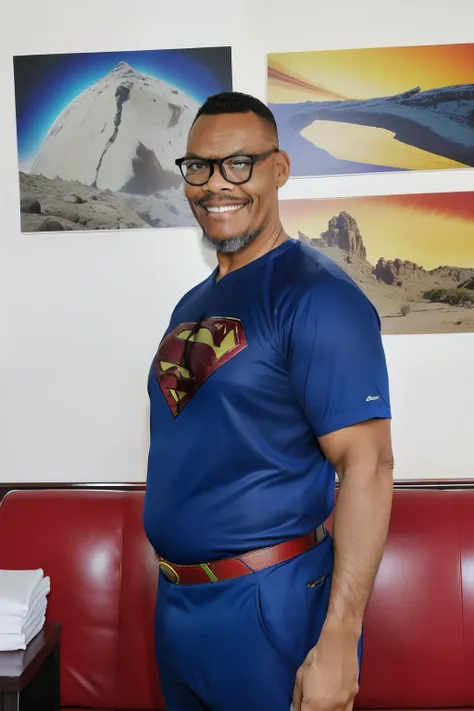 guttonerdvision13, full body photograph of a bespectacled man wearing the uniform of superman from "man of steel", capa vermelha...