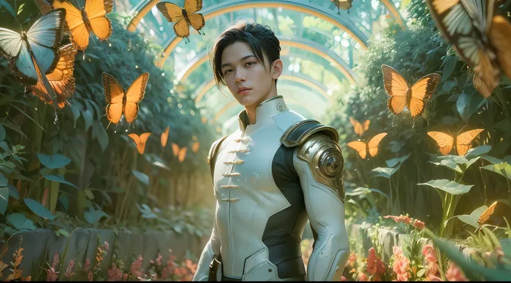 1boy, photo of very very handsome suave smiling young 25-year-old male Chinese prince, clothed in futuristic cybernetic armor, wearing a large futuristic crown, walking in a lush flower garden with many neon glowing butterflies, sci-fi, intricate, neon lig...