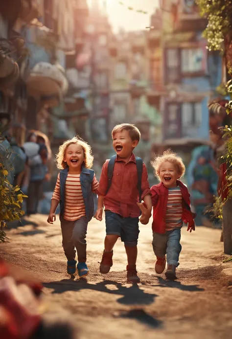 A detailed image of a group of happy laughing children, white, black, brown, red and blonde children, 8k definition, photorealistic rendering, rich colors, using Cinema 4D.