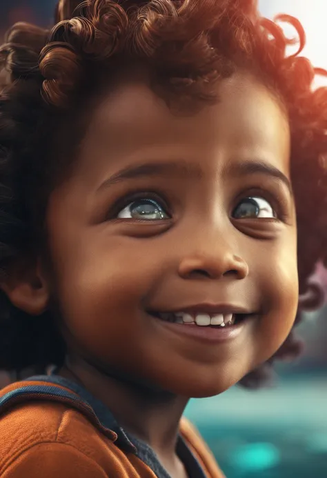 A detailed image of a happy, laughing child with open eyes, black child, 8k definition, photorealistic rendering, rich colors, using Cinema 4D.