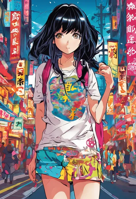 "2010 anime poster, featuring Japanese lettering, depicts 1girl with mesmerizing black hair, gazing away from the camera, in a vibrant and colorful setting."