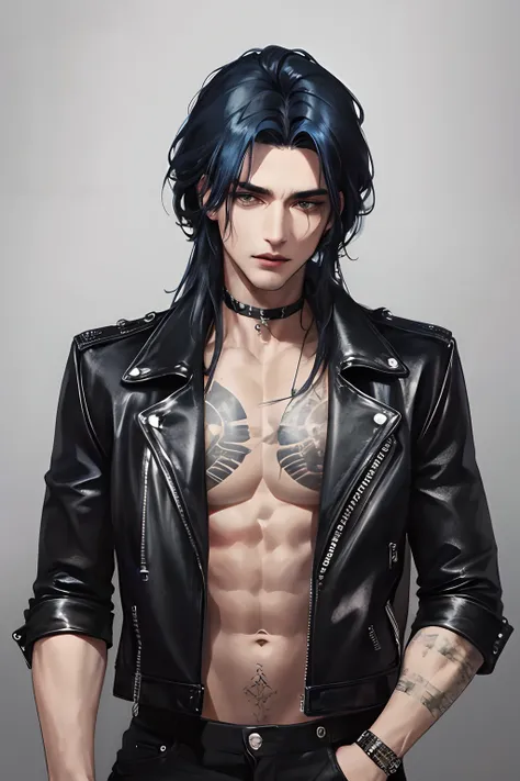 photography of a heavy metal star, a solo man, 25 years old, singer, bad boy, black eyes, expressive look, long dark blue black hair, bar on background, straight hair, blueshine hair, unshaven, black leather jacket, leather pants, chest tattoo, super detai...