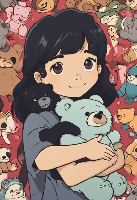 "90s-style anime poster featuring a girl with black hair holding a Studio Ghibli-inspired stuffed animal bear."