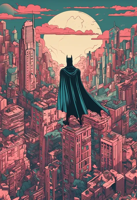 "Emulate the aesthetic of a 90s-style anime poster with Batman overlooking the cityscape from a birds-eye view"