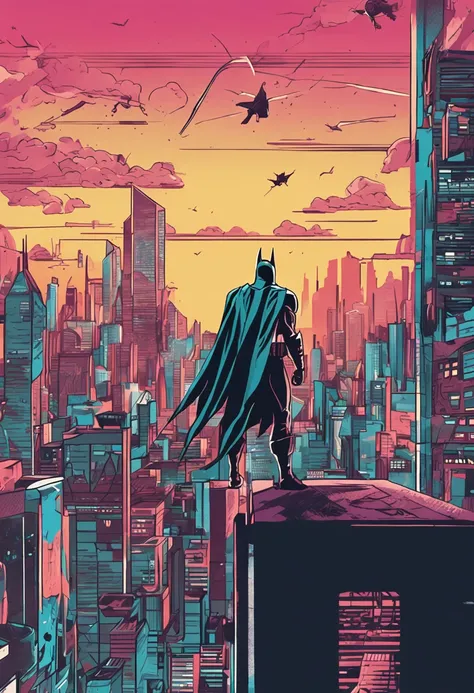 "Emulate the aesthetic of a 90s-style anime poster with Batman overlooking the cityscape from a birds-eye view"