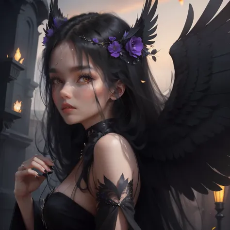 A beautiful girl, dressed like a raven, with raven wings, long hair, black Raven flowers around her, pretty face, full body pictures, high quality pictures, wearing a high heel, cute face,