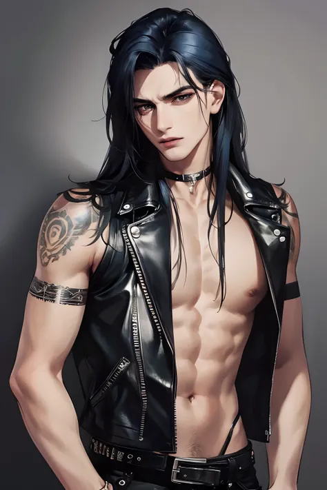 photography of a heavy metal star, a solo man, 25 years old, singer, bad boy, black eyes, expressive look, long dark blue black hair, bar on background, straight hair, blueshine hair, unshaven, black leather jacket, leather pants, chest tattoo, super detai...