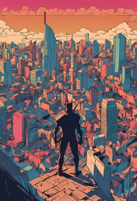 "Emulate the aesthetic of a 90s-style anime poster with Batman overlooking the cityscape from a birds-eye view"