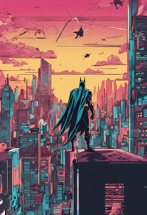 "Emulate the aesthetic of a 90s-style anime poster with Batman overlooking the cityscape from a birds-eye view"