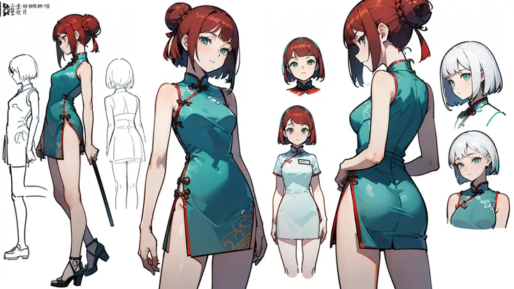 ((Best Quality)), ((Masterpiece)), ((Realistic)) 19 year old, redhead girl, shoulder length hair, relaxed happy face ((slender)) (busty), ((( cheongsam turquoise short dress))) (((mini skirt))) ((sexy dress)) bun hairstyle (((detailed character sheet, fron...