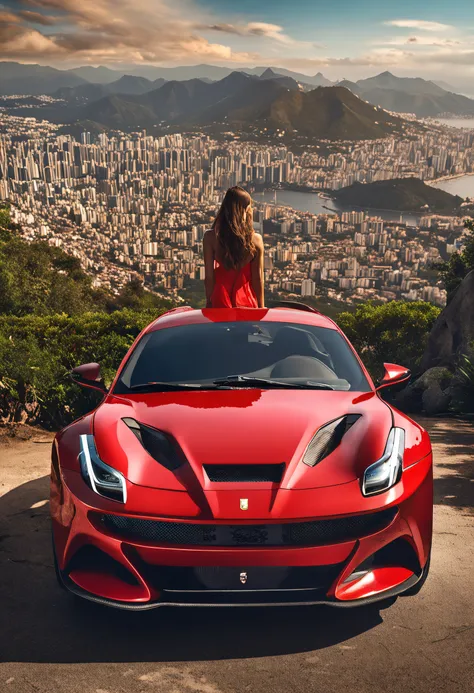 (Best quality, 8k, Masterpiece :1.2), hyper realistic, an red Ferrari 488 at a mountain, city of Rio de Janeiro Brazil in background, The Redeemer Christ view, a beautiful brown hair girl in sport clothes looking at landscape