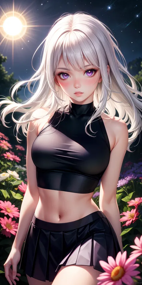 realistic, 1girl, white hair, purple eyes, glowing eyes, crop top, skirt, parted lips, blush, night, flowers, sun, sunlight,