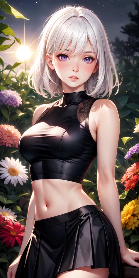 realistic, 1girl, white hair, purple eyes, glowing eyes, crop top, skirt, parted lips, blush, night, flowers, sun, sunlight,