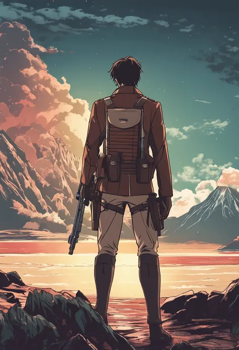 generate a retro style Attack on Titan movie poster with moody emotional colors, prominently featuring Eren Jaeger wearing a paradis island uniform and ODM gear looking at the ocean