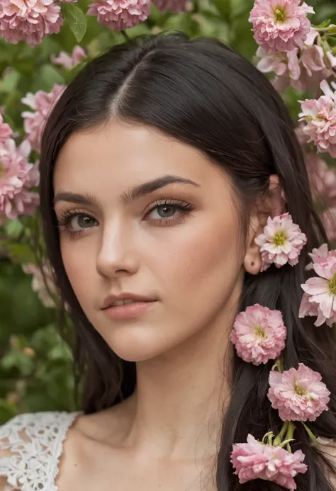 17-year-old girl with dark black eyes and black hair, en crop top on vois tout son corp dans un jardin avec des fleurs