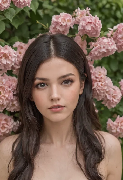 17-year-old girl with dark black eyes and black hair, en crop top on vois tout son corp dans un jardin avec des fleurs