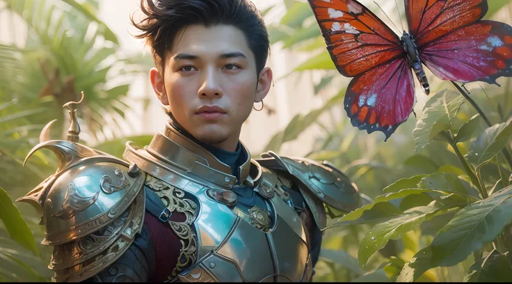 1boy, photo of very very handsome suave smiling young 25-year-old male Chinese prince, clothed in futuristic cybernetic armor, wearing a large futuristic crown, walking in a lush flower garden with many neon glowing butterflies, sci-fi, intricate, neon lig...