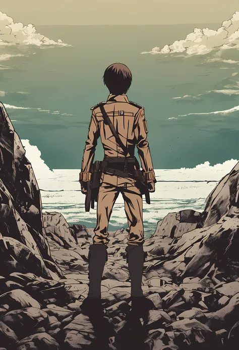 Generate a moody and emotionally colored movie poster in the style of Hajime Isayamas Attack on Titan. The poster should prominently feature Eren Jaeger, wearing a Paradis Island uniform and ODM gear, gazing out at the ocean.