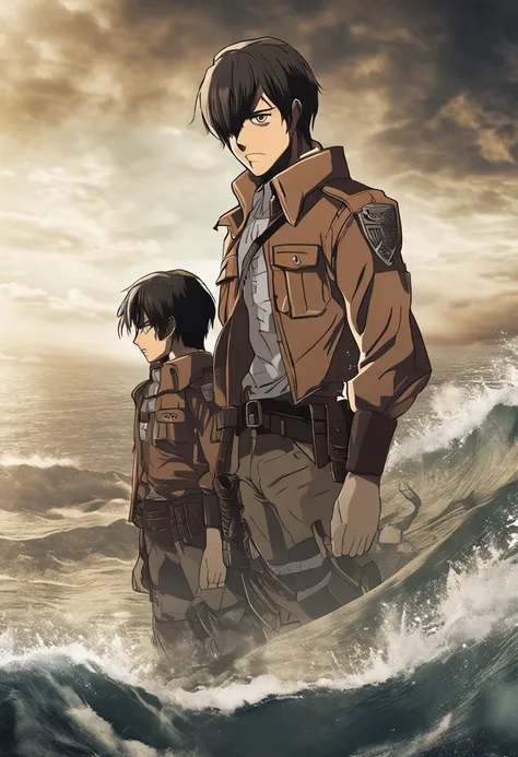 Generate a moody and emotionally colored movie poster in the style of Hajime Isayamas Attack on Titan. The poster should prominently feature Eren Jaeger, wearing a Paradis Island uniform and ODM gear, gazing out at the ocean.