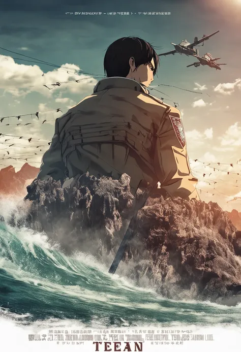 Generate a moody and emotionally colored movie poster in the style of Hajime Isayamas Attack on Titan. The poster should prominently feature Eren Jaeger, wearing a Paradis Island uniform and ODM gear, gazing out at the ocean.