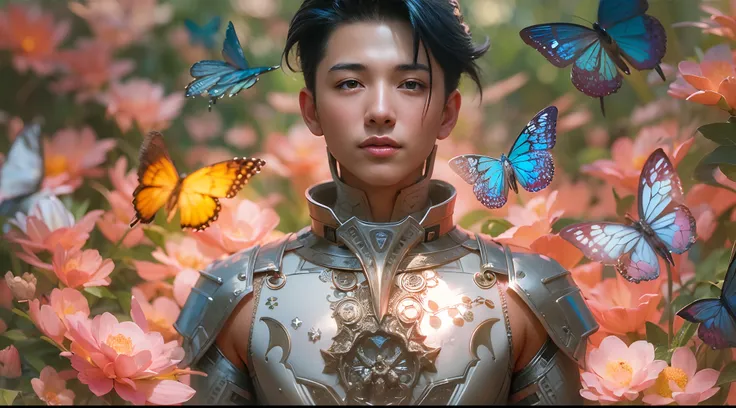 1boy, photo of very very handsome suave smiling young 25-year-old male Chinese prince, clothed in futuristic cybernetic armor, wearing a large futuristic crown, walking in a lush flower garden with many neon glowing butterflies, sci-fi, intricate, neon lig...