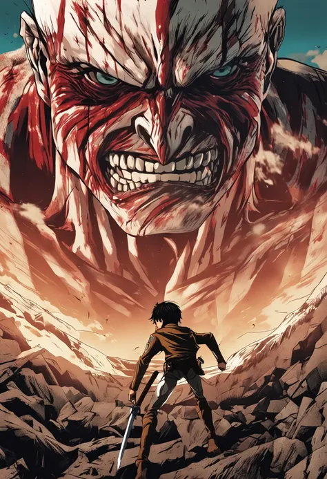 Generate a moody and emotionally colored movie poster in the style of Hajime Isayamas Attack on Titan. The poster should prominently feature Eren Jaeger, wearing a Paradis Island uniform and ODM gear, looking up in fear at a colossal titan.