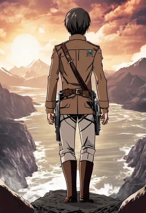 Generate a moody and emotionally colored movie poster in the style of Hajime Isayamas Attack on Titan. The poster should prominently feature Eren Jaeger, wearing a Paradis Island uniform and ODM gear, gazing out at the ocean.