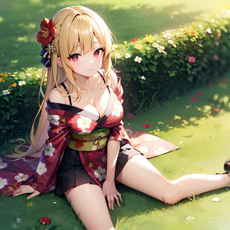 a blond、red eyes、Beautiful girl alone、Floral kimono、off shoulders、a miniskirt、flower  field、sitting on、Kamimei、Watching from above