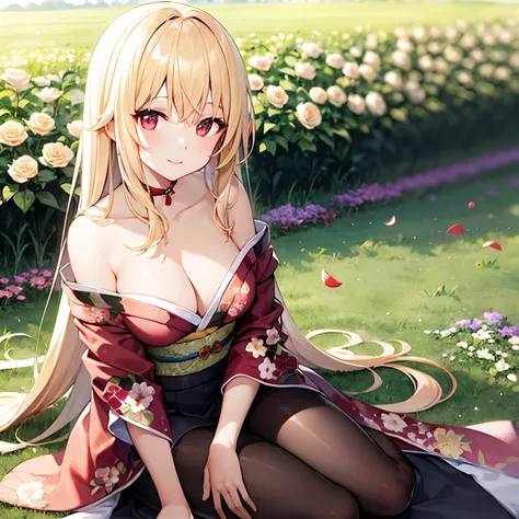 a blond、red eyes、Beautiful girl alone、Floral kimono、off shoulders、flower  field、