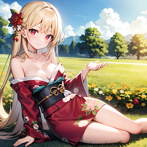 a blond、red eyes、Beautiful girl alone、Floral kimono、Off-shoulder、flower  field、