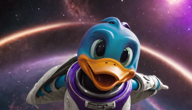 Donald Duck in outer space,creative background planets, vibrant colors, realistic, colorful, high resolution, mystical, universe style, psychedelic, Angelcore, Ghostcore, ultra wide-angle, Unreal Engine rendering, Sharp, game asset, purple colors, Metal, s...