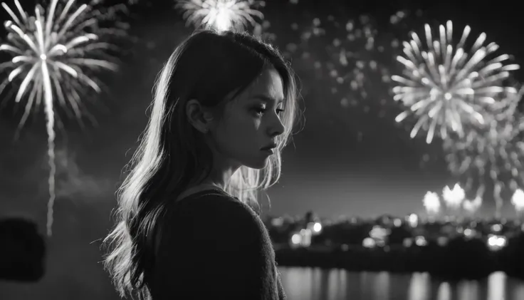 backlighting ((silhouette)), (masterpiece), photorealistic of 1girl, sad, look down, in sorrow, from behind, full body, ((windblown hair)), best proportion, outdoor, night scene, ((monochrome)), (((fireworks))), bokeh, wideshot, ((Black and white)), ((gray...