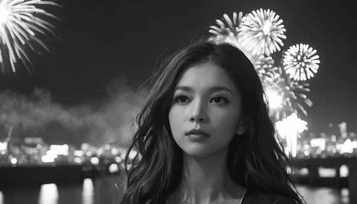 backlighting ((silhouette)), (masterpiece), photorealistic of 1girl, sad, look down, in sorrow, from behind, full body, ((windblown hair)), best proportion, outdoor, night scene, ((monochrome)), (((fireworks))), bokeh, wideshot, ((Black and white)), ((gray...