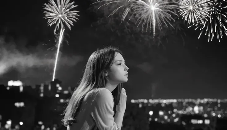 backlighting ((silhouette)), (masterpiece), photorealistic of 1girl, sad, look down, in sorrow, from behind, full body, ((windblown hair)), best proportion, outdoor, night scene, ((monochrome)), (((fireworks))), bokeh, wideshot, ((Black and white)), ((gray...