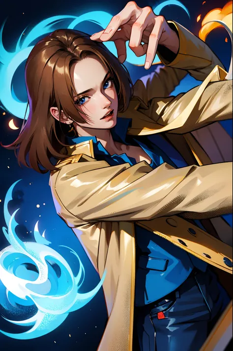 Anime boy wearing beige jacket hair split in half in dark brown tone with an aura of blue magic around him in a dark environment posing for a high-resolution cinematic photo