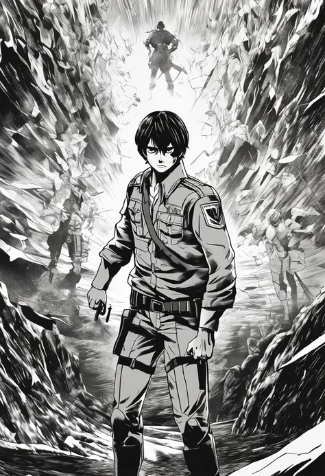 Generate a moody and emotionally black and white movie poster in the style of Hajime Isayamas Attack on Titan. The poster should prominently feature Eren Jaeger, wearing a Paradis Island uniform and ODM gear, looking up in fear at a colossal titan.