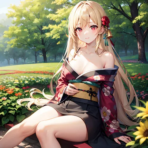 a blond、red eyes、Beautiful girl alone、Floral kimono、Off-shoulder、flower  field、