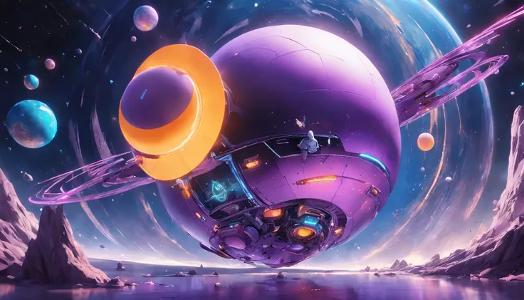 Donald Duck in outer space,creative background planets, vibrant colors, realistic, colorful, high resolution, mystical, universe style, psychedelic, Angelcore, Ghostcore, ultra wide-angle, Unreal Engine rendering, Sharp, game asset, purple colors, Metal, s...