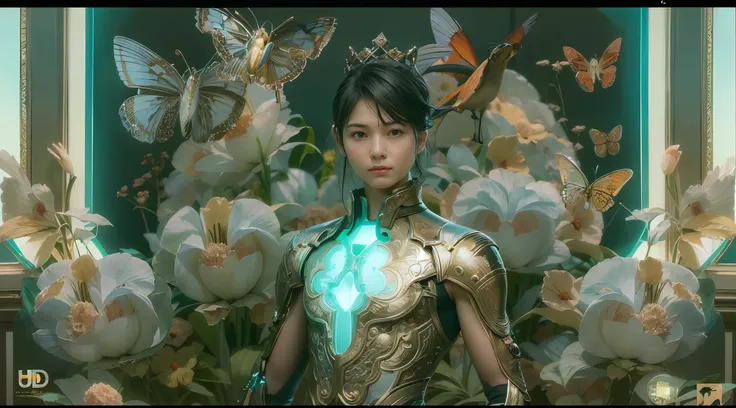 1boy, photo of very very handsome suave smiling young 25-year-old male Chinese prince, clothed in futuristic cybernetic armor, wearing a large futuristic crown, walking in a lush flower garden with many neon glowing butterflies, sci-fi, intricate, neon lig...