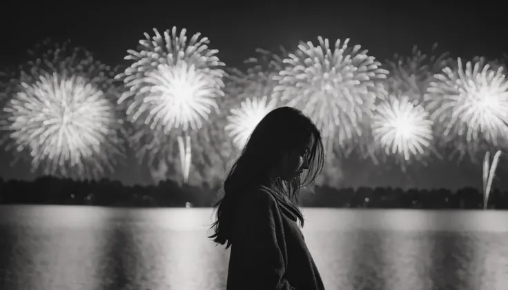 backlighting ((silhouette)), (masterpiece), photorealistic of 1girl, sad, look down, in sorrow, from behind, full body, ((windblown hair)), best proportion, outdoor, night scene, ((monochrome)), (((fireworks))), bokeh, wideshot, ((Black and white)), ((gray...